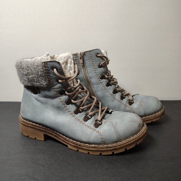 Rieker Boots Women's Size 39 Blue Sherpa Lace Up Zip Chunky Heel Snow Ankle - Picture 2 of 13